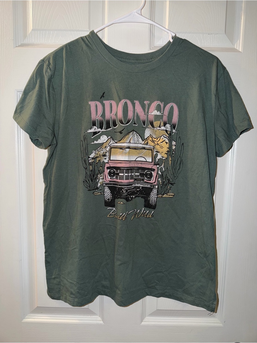 Ford Bronco Tee in Olive Green with Pink Graphic